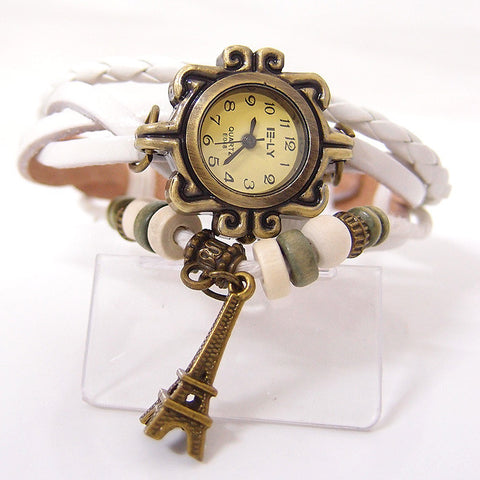 vintage Eiffel Tower tag fashion quartz watch women genuine cow leather beads bracelet wrist watch