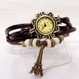vintage Eiffel Tower tag fashion quartz watch women genuine cow leather beads bracelet wrist watch