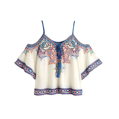 Dotfashion Aztec Print Boho Blouse 2018 Women Vintage Lace Up Cold Shoulder Summer Tops Fashion Sexy Tribal Short Sleeve Blouse
