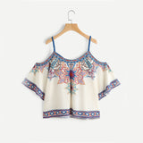 Dotfashion Aztec Print Boho Blouse 2018 Women Vintage Lace Up Cold Shoulder Summer Tops Fashion Sexy Tribal Short Sleeve Blouse