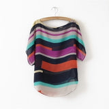 ST08 fashion Women Striped chiffon blouse Multi-colour print  shirts Loose Short Sleeve casual blusas femininas plus tops S-XXL