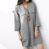 Women Blouses Spring Summer 2018 Casual Ladies V Neck Shirt Grey 3/4 Sleeve Ruffled Hem Loose Long Female Cotton Linen Blouse