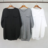 Women Blouses Spring Summer 2018 Casual Ladies V Neck Shirt Grey 3/4 Sleeve Ruffled Hem Loose Long Female Cotton Linen Blouse