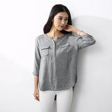 Women Blouses Spring Summer 2018 Casual Ladies V Neck Shirt Grey 3/4 Sleeve Ruffled Hem Loose Long Female Cotton Linen Blouse