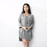 Women Blouses Spring Summer 2018 Casual Ladies V Neck Shirt Grey 3/4 Sleeve Ruffled Hem Loose Long Female Cotton Linen Blouse