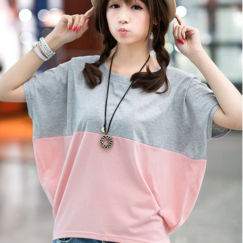 Liva girl Summer Women Ladies Loose Patchwork Stitching Color Solid Color Batwing Sleeve O-neck Short Sleeve Tops