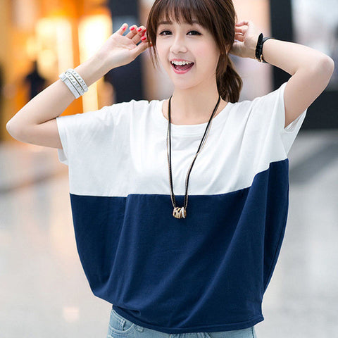 Liva girl Summer Women Ladies Loose Patchwork Stitching Color Solid Color Batwing Sleeve O-neck Short Sleeve Tops