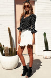 MisShow White Chiffon Women Blouse V Neck Sexy Tops Femme Wave Butterfly Sleeve Slim Tops Polka Dot Ruffle Women's Blouse Shirt